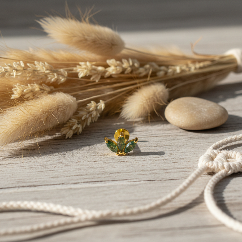 Triple Marquise Flat Back Stud Earring with Moss Agate - 14K Gold Plated Sterling Silver