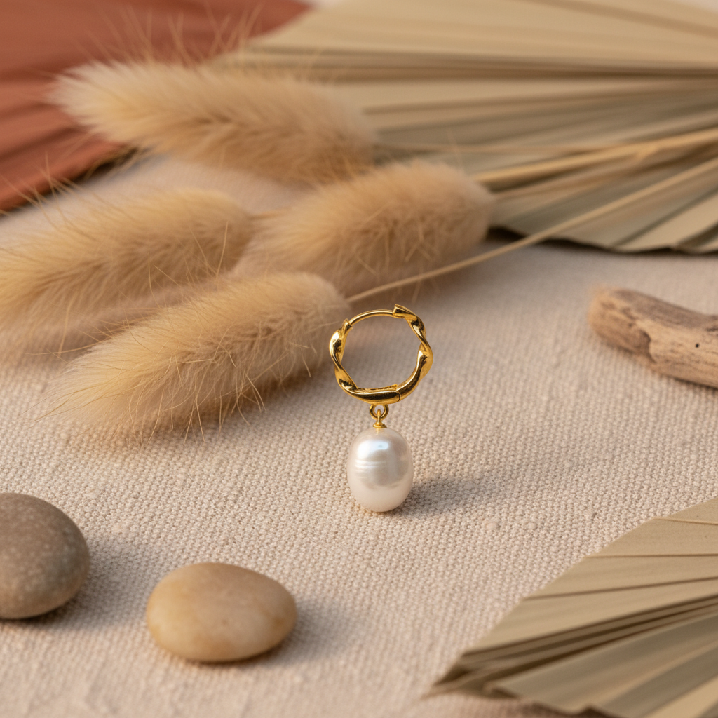 Twist Huggie Hoop Earrings with Pearl - 14K Gold Plated Sterling Silver