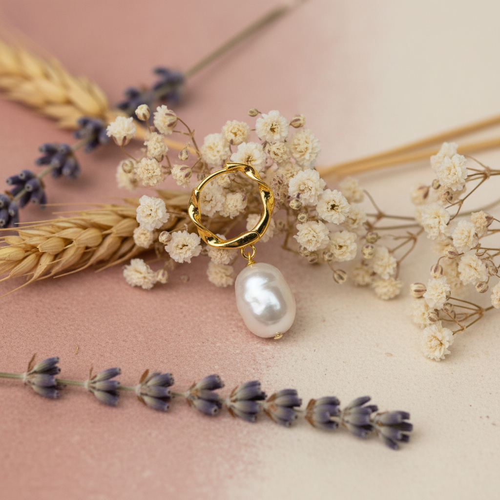 Eloree Twist Huggie Hoop Earrings with Pearl. 14K Gold Plated Sterling Silver earrings.